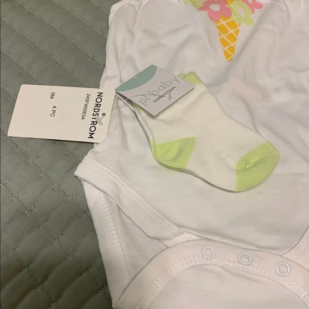 Nordstrom White & Lime Green Tutu Romper Ice Cream Floral Graphic NEW Size 6 Mo